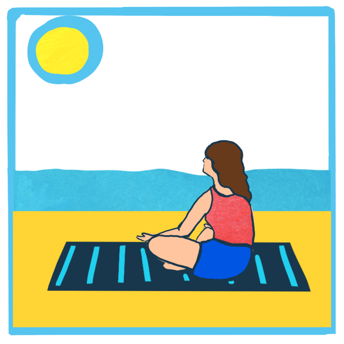 A woman with long brown hair is sitting on a beach towel on the sandy beach facing the water and the sun.